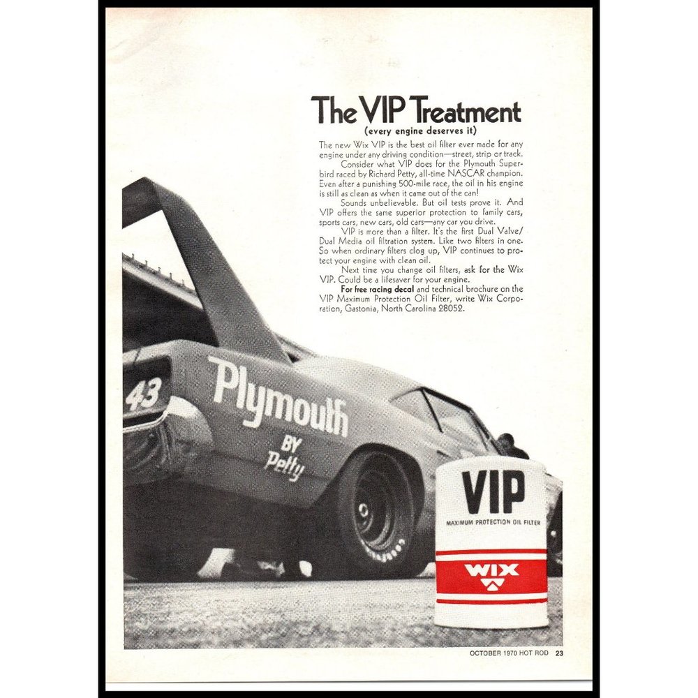 1970 Wix Oil Filter Richard Petty NASCAR Vintage Print Ad Barracuda Wall Art